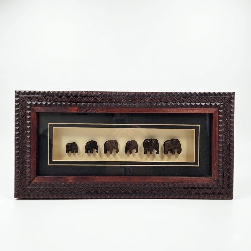 Vintage Hand Carved Wood Elephant Family Shadow Box Wall Art - Boho Ethnic Decor